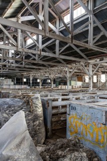 Sheep boxes and half-packed wool sacks, Estancia San Gregorio, Puente Alto, Metropolitan Region,