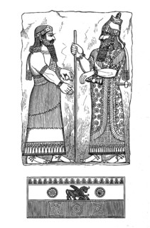 Remains from the ruins of Khorsabad, Assyrian city in present-day Iraq, bronze lion com palace and