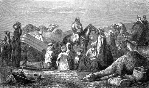 Bedouin camp in the desert, camel caravan, Egypt, ca 1869, Historical, digital reproduction of an