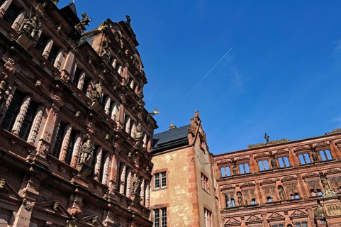 Heidelberg castle ruins, destroyed in 1698, left Friedrichsbau, centre Gläserne Saalau, right