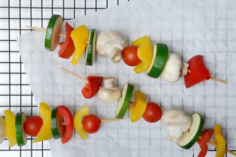 Colourful vegetable skewers, raw barbecue skewer