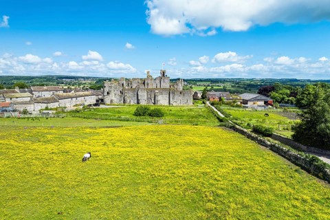 Middleham Castle from a drone, Middleham, Wensleydale, North Yorkshire, England, United Kingdom,