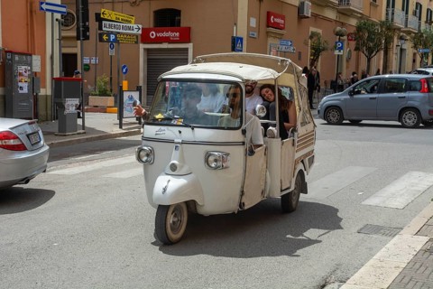 Three-wheeled scooter Ape by Piaggio in a street in Matera, Basilicata, Southern Italy, Italy,