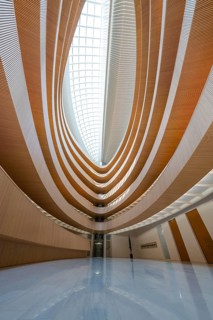 Modern architecture with spiral structure and large glass roof, Zurich, UB- Recht, Switzerland,