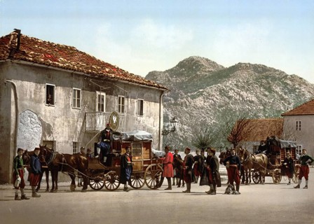 Arrival of the stagecoach in Cetinje, Montenegro, View from 1885, Historical, digitally restored