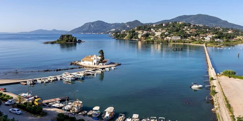 Vlacherna Monastery and Mouse Island in the Mediterranean panorama from above on the island of