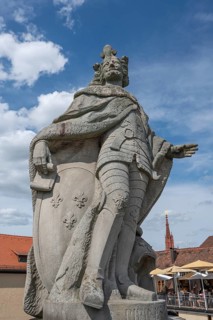 Sculpture of Pipin the Younger, King of the Franks around 751, on the Heiligenbrücke, Würzburg,