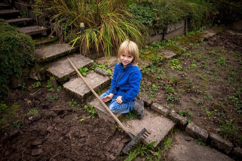 Little boy, 6 years, blonde, gardening, rake, allotment, Stuttgart, Baden-Württemberg, Germany,