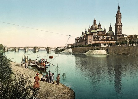 Zaragoza. Rio Ebro and Cathedral-Basilica of Our Lady of the Pillar, Spain, digitally restored