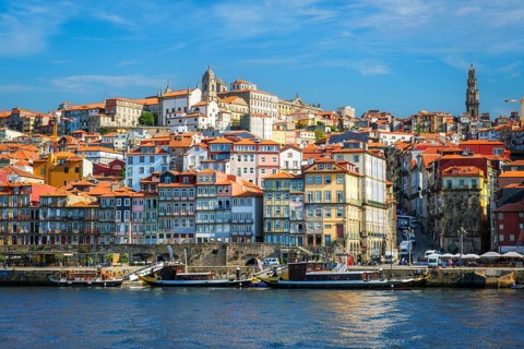 View of Porto city and Douro river from famous tourist viewpoint Miradouro da Serra do Pilar on