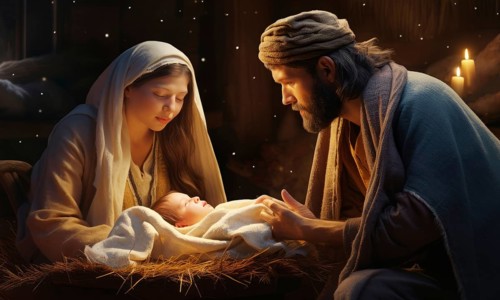 A nativity scene with a baby Jesus, Mary and Joseph, AI generated