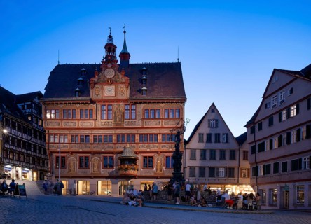 Historic town hall, illuminated, Neptune fountain, market square, in summer, people relaxing in