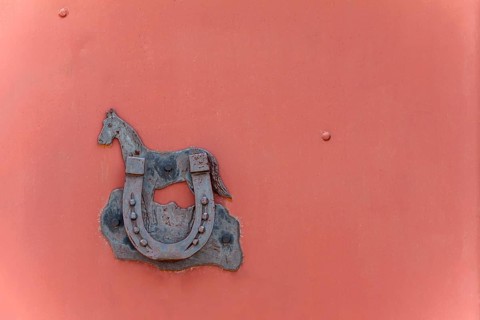 Horseshoe as a lucky charm on a metal farm gate, lucky symbol, Palatinate, Rhineland-Palatinate,