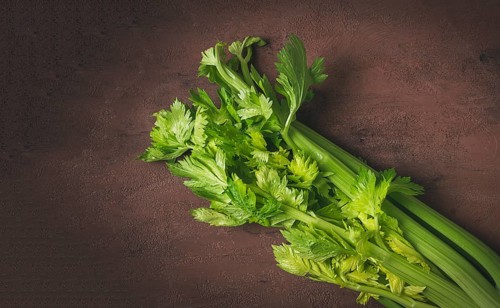 Fresh bunch of celery, top view, no people, on a dark background
