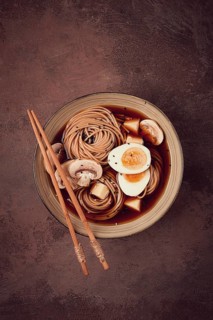 Asian soba soup, with mushrooms and egg, cheese, sesame seeds, homemade, no people