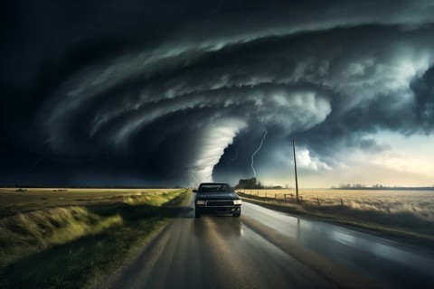 Disaster catastrophe storm concept, tornado in a field in the USA with car on road escaping tornado
