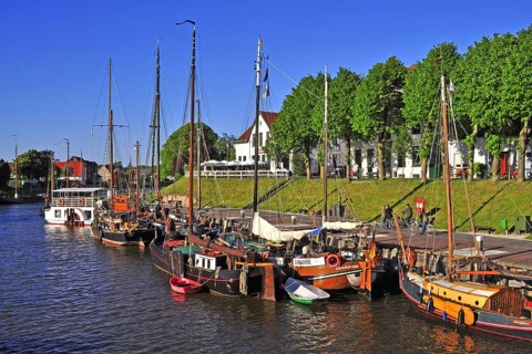 The Sielhafenmuseum in Carolinensiel, East Frisia, Lower Saxony, Federal Republic of Germany River