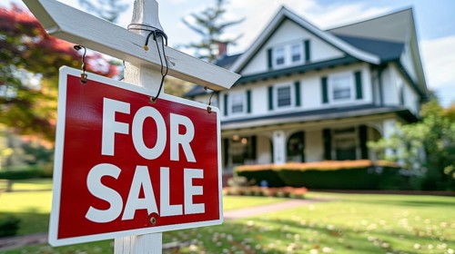 Home for sale real estate sign in front of house. generative AI, AI generated
