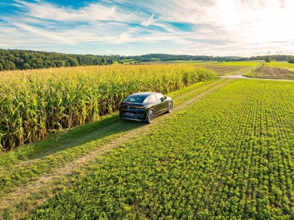 Black car driving on a dirt track along a high corn field under a blue, slightly cloudy sky,
