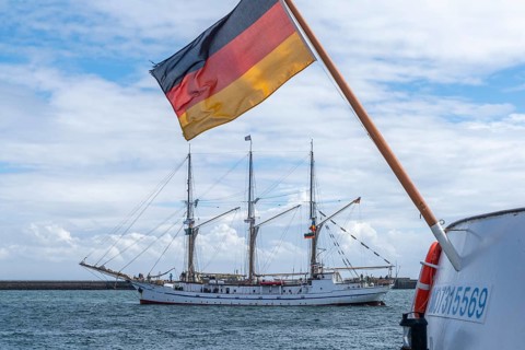 Traditional three-masted gaff schooner Grand Duchess Elisabeth, sail training ship, sailing trips,