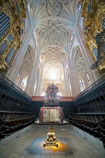 Choir books and choir stalls in the cathedral, Segovia, province of Segovia, Castile and Leon,