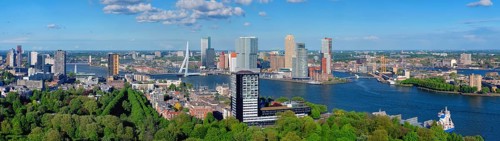 Aerial panorama view of Rotterdam city and the Erasmus bridge Erasmusbrug over Nieuwe Maas river