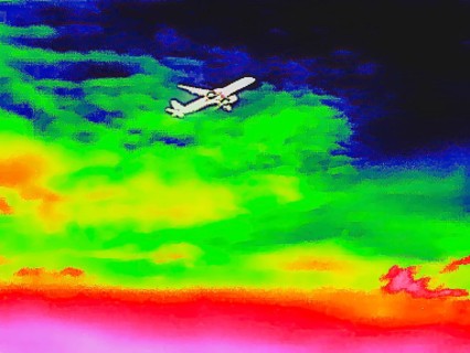 Aircraft on take-off. Thermal image or thermography, symbol photo, interpolated. Germany