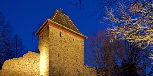 Illuminated Trinsen Tower in the evening, Old Town, Ratingen, Bergisches Land, North
