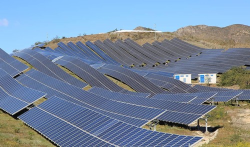Array of solar panels on a bright sunny day, Sierra Alhamilla, near Nijar, Almeria, Spain, Europe