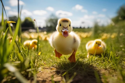A close-up of a cute duckling standing in a sunlit meadow, with other ducklings and wildflowers in