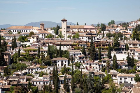 View of historic Moorish buildings in the Albaicin district of Granada, Spain seen from the