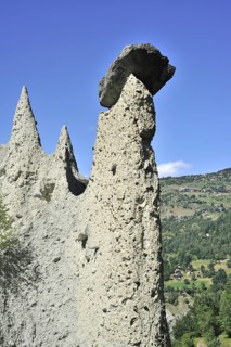 Pyramids of Euseigne, Valais, Wallis, Switzerland. Rocks of harder stone stacked on top of