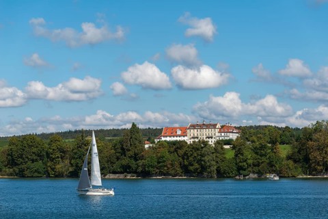Immenstaad on Lake Constance, Kirchberg Castle, Sailing boat, Forest, Baden-Württemberg, Germany,
