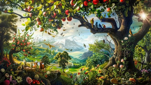 Illustration of paradise garden of Eden, happy eternal life, AI generated
