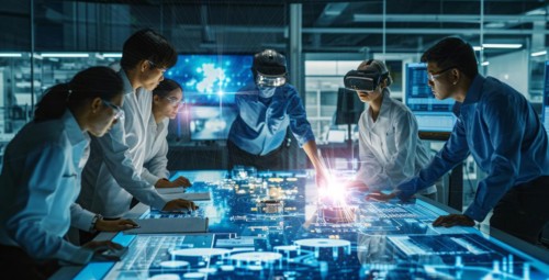 CPU virtual 3D modeling for PC, mobile devices and chips. Engineers in lab, virtual visualization,
