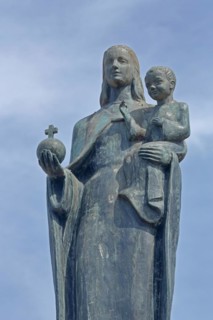 Marienbrunnen with Madonna figure with baby Jesus and orb built in 1954, sculpture, detail,