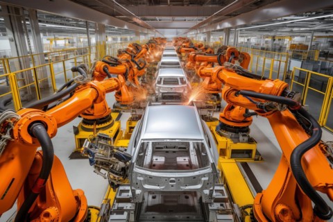 Car factory conveyor belt assemblance line production with robots and artificial intelligence, AI