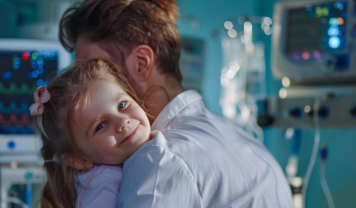 Doctor hugging little girl in hospital room. Smiling young girl being held by a doctor, AI
