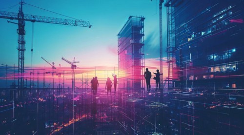 Construction of panoramic financial center skyline, business development center and condos, AI