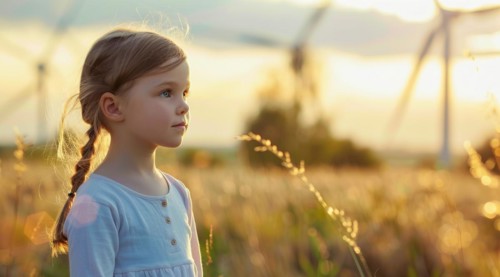 A girl stands in a field of flowers next to a wind farm that produces green sustainable energy, AI