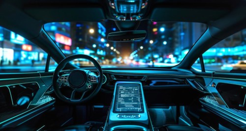 Autonomous self-driving smart car on the streets of the city powered by AI technology, AI generated