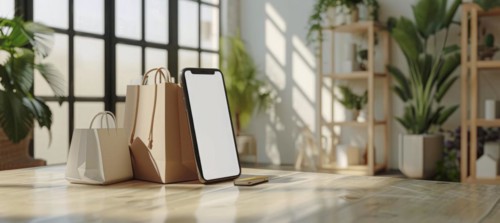 Online shopping with credit card from mobile app marketplace. Home delivery cellphone mockup, AI