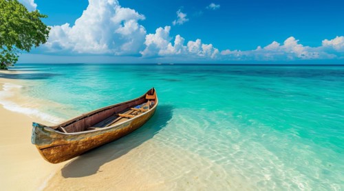 Wooden canoe at the scenic beach in Asian resort island near popular tourist destination hotel, AI