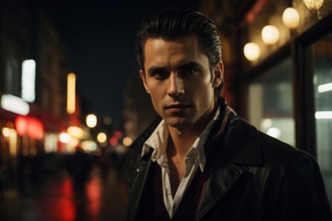 A handsome young man in a black coat in front of a red sign of a pub. The image has a dark and