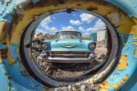 An old, weathered and dusty US-American classic car, wreck, of the type Chevrolet Bel Air from the