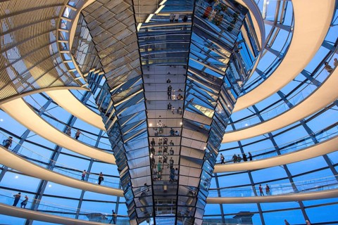 Visitors in the spiral-shaped Reichstag dome, Berlin, 21 May 2014