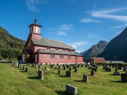 Church of village Fjaerland, the norwegian book town at the Sognefjord, Norway, Europe