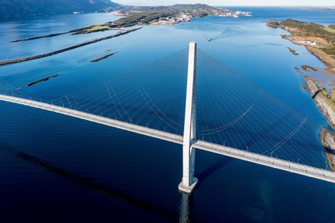 Aerial view of Helgeland bridge, connecting Sandnessjøen with the norwegian mainland, Norway,