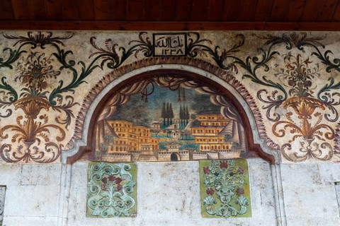 Historic Islamic artwork on outside wall of Et'hem Bej Mosque, Tirana, Albania, Europe