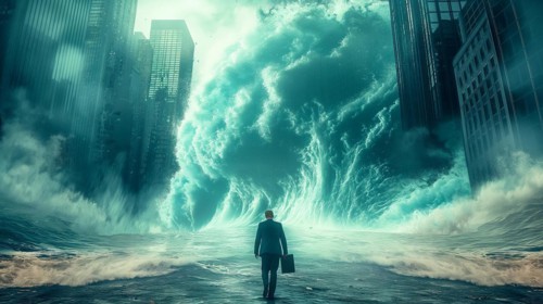 Disheartened businessman standing in the city in the midst of aproaching turbulent crashing waves.